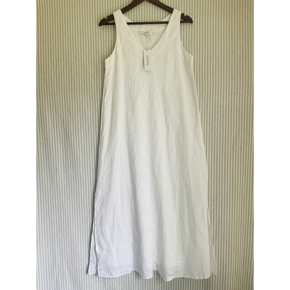 DKNY Pure White Linen Maxi Dress Sleeveless V-Neck Lined XS Ethereal Coastal